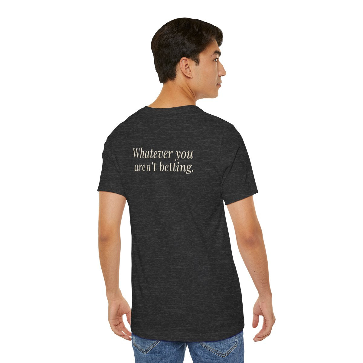 "What's Hot?" — Roulette Tee (Dark Grey Heather, worn, back)
