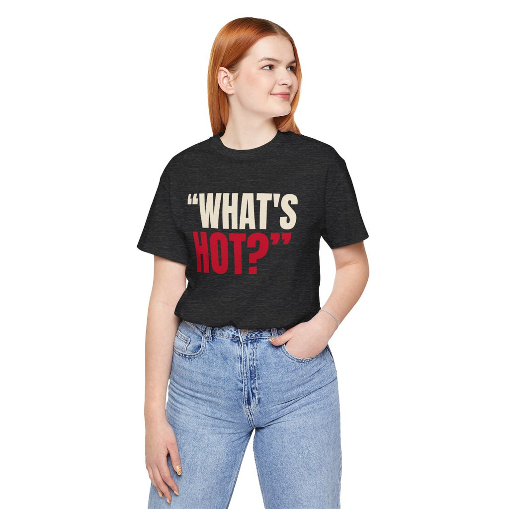 "What's Hot?" — Roulette Tee (Dark Grey Heather, worn, front)