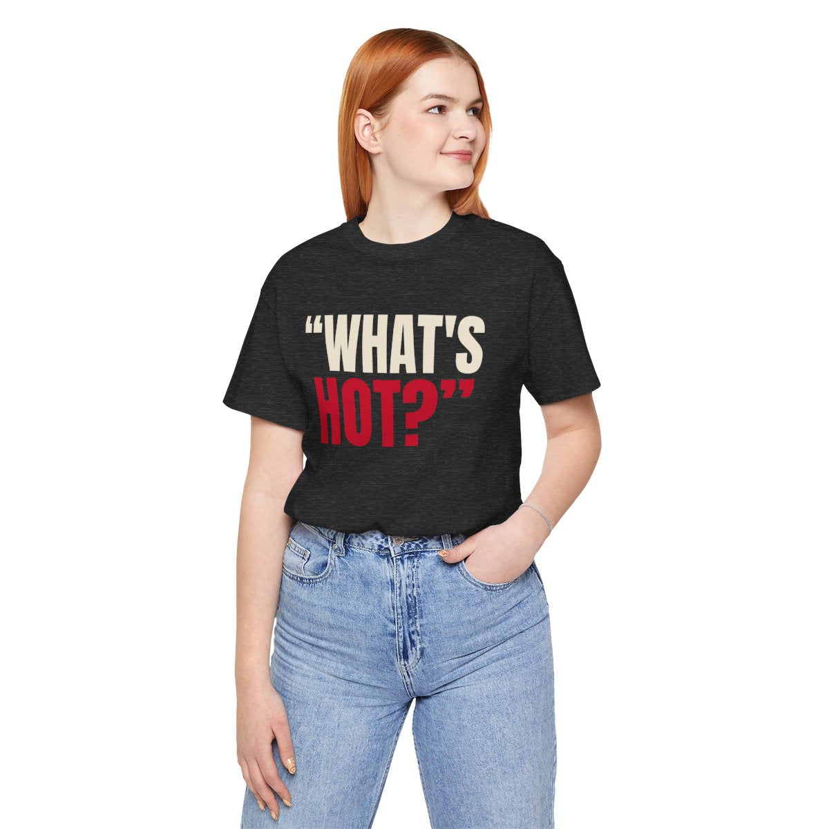 "What's Hot?" — Roulette Tee (Dark Grey Heather, worn, front)