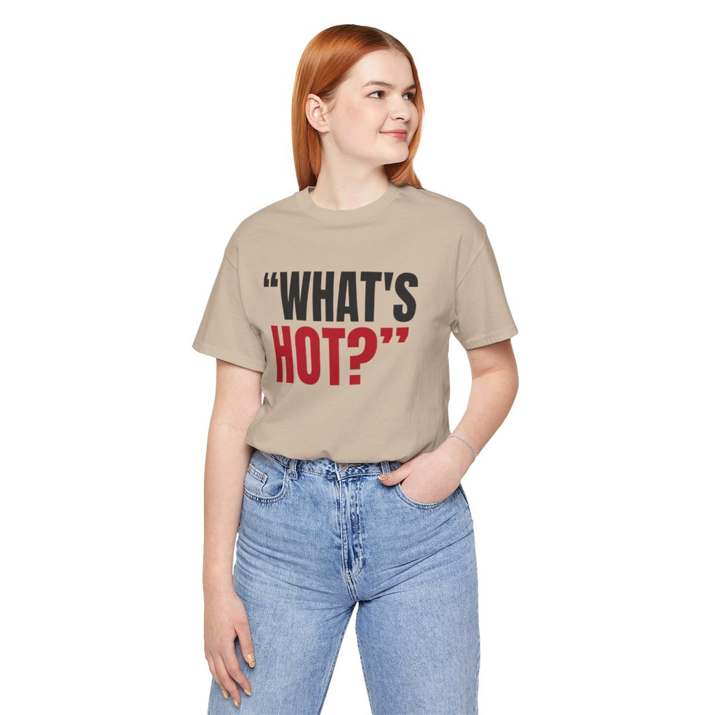 "What's Hot?" — Roulette Tee (Tan, worn, front)