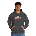 You Could've Bet Red. — Roulette Hoodie (Dark Heather, worn, front)